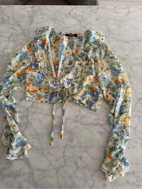 Miss Lola Blue & Orange Floral Tie-Front Ruffle Top